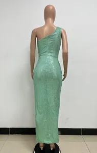 Elegant back view of a mint green one-shoulder sequin maxi dress for party events
