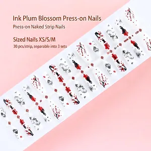 Detailed view of 30pcs ink wash plum blossom press-on nails in sizes XS, S, and M.