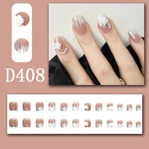 Detailed view of 24pcs press-on nails featuring 3D rose relief and silver glitter gradient.