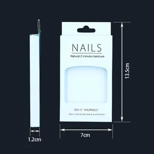 White cardstock nail packaging box with clear window and dimensions: 13.5 x 7 x 1.2 cm