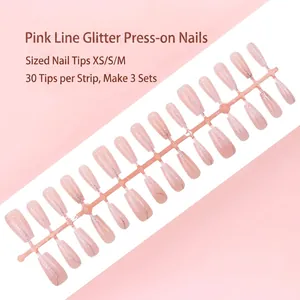 Roze kunstnagels set met zilveren glitterlijnen, strip van 30 stuks voor nagels