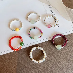 Handmade Natural Stone Crystal Beaded Ring For Women Retro Ins Style Artificial Pearl Moonstone Tourmaline Garnet Stretch Ring Jewelry