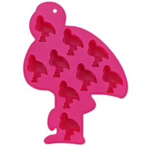Detailed view of pink flamingo shaped silicone ice cube mold with 9 cavities