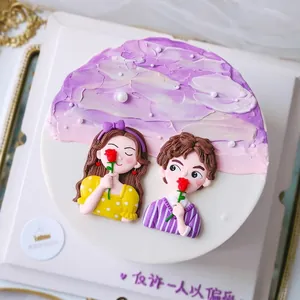Cartoon Couple Cake Topper Rose Flower Ornaments Valentine's Day Wedding Cake Decoration Polymer Clay PVC Figure Baking Party Supplies