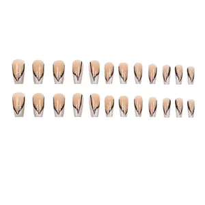 Full set of 24pcs nude press-on nails with glitter silver and black V-line details