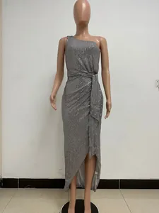 Elegant one-shoulder silver sequin evening dress with pleated waist and side slit detail.