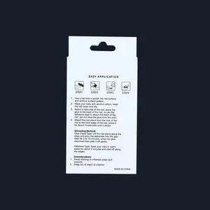 Detailed back view of white press-on nail packaging box with English usage instructions