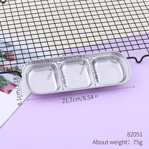 Stainless steel 3-compartment dipping sauce dish with detailed dimensions and weight