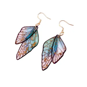 Elegant gradient butterfly wing earrings with gold foil flakes, handmade cicada wing jewelry
