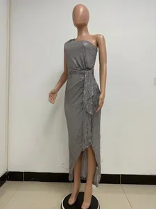 Elegant one shoulder ruched silver sequin maxi dress with waist tie detail