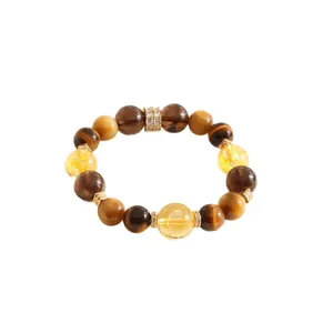 Natural tiger's eye and yellow crystal beaded bracelet with gold-tone accents