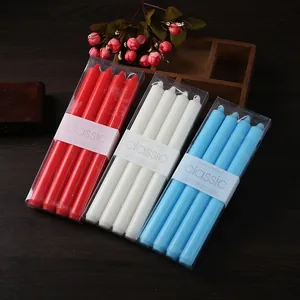 Tapered dinner candle set of 4 in red white and blue packaging detail