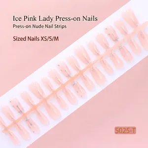 Macro view of translucent pink glitter press-on nail strip with 30 pieces for DIY