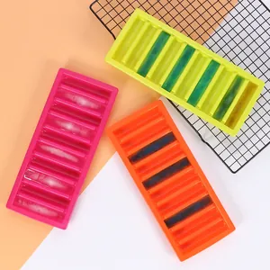 Detail of rectangular colorful silicone ice cube trays with long narrow slots
