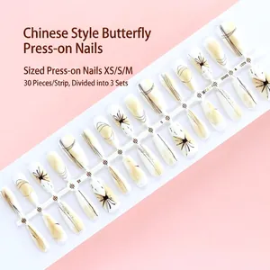 Chinese style press-on nails featuring abstract patterns, 30 pieces in XS, S, M sizes
