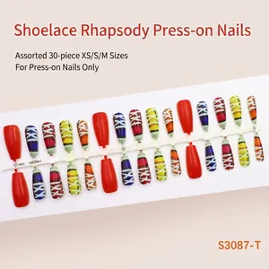 Retro Shoelace Pattern Long Coffin Ballerina Press On Nails Mixed Colors Contrasting Design Artificial Fingernails For Women