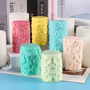 Moule à Bougie en Silicone Cylindrique Motif Floral Papillon Vague de Mer Relief 3D DIY Artisanat en Plâtre Résine Décoration