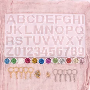 Vue détaillée kit moule silicone alphabet résine DIY avec paillettes et porte-clés