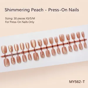 Set de uñas postizas color melocotón brillante de 30 piezas en tallas XS, S y M