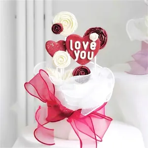 Set decorativo para pastel de San Valentín con lazo rosa y adornos de corazón
