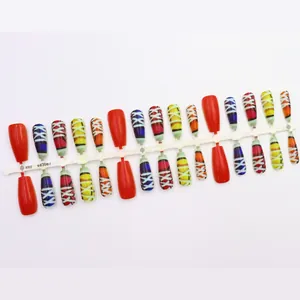 Colorful long press-on nails featuring a retro shoelace pattern design on a white frame.