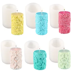 Moules à bougies en silicone cylindriques avec motifs de roses, vagues et papillons
