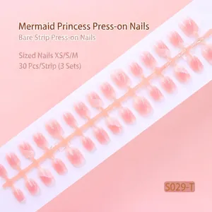 Set of 30pcs mermaid style pink glitter press-on nails in sizes XS, S, and M for manicure