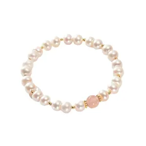 Elegante pulsera de perlas naturales con cuenta de cristal de fresa rosa para mujer