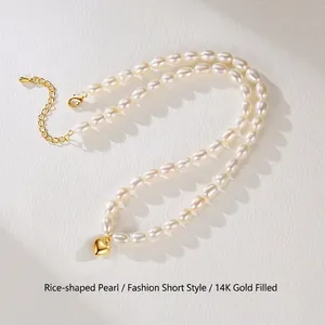 Natürliche Süßwasserperlenkette Für Damen Goldgefüllt Herzanhänger Reispere Barock Choker Handgefertigter Minimalistischer Schmuck