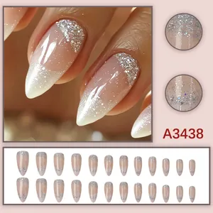 Nude French press-on nails with silver glitter gradient, long almond shape, 24pcs set