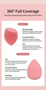 Functional detail guide for pink teardrop and beveled cut makeup sponges for face blending
