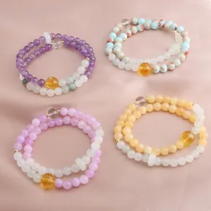 New Chinese Style Double Loop Beaded Bracelet For Women Men Natural Amethyst Citrine Kunzite Shoushan Stone Gold Silk Jade Beads Bracelet Jewelry Gift