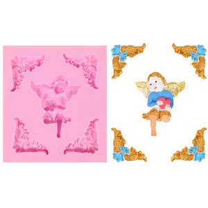 Detailed view of angel and filigree corner silicone mold for fondant and chocolate.