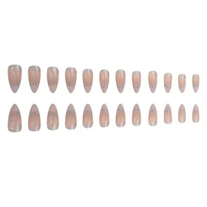Elegant 24pcs nude almond-shaped press-on nails featuring silver glitter gradient design