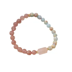Handmade natural strawberry quartz and imperial jasper beaded bracelet jewelry for women