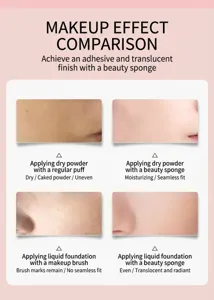 Detailed makeup effect comparison showing beauty blender vs brush and powder puff results