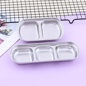 Macro detail of two and three compartment SUS 304 stainless steel condiment dipping trays