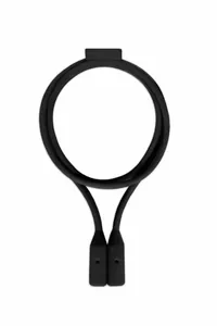 Macro view of the black magnetic silicone anti-lost strap for wireless earbud safety.