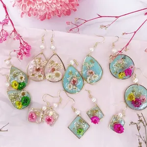 Pendientes de Gota de Flores Secas de Resina Geométrica Coreana Vintage Chapados en Oro Real Cobre Flores Reales Lámina de Oro Perla Artificial Joyería Mujer