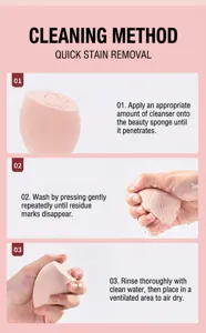 Three-step instruction guide for cleaning and washing pink teardrop makeup blender