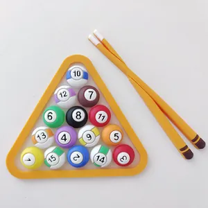 Close-up view of colorful soft glue billiards theme cake topper set with pool balls and cues