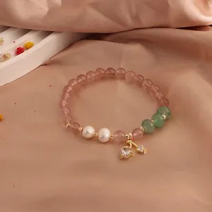 Natural strawberry quartz bracelet with freshwater pearls and gold cherry charm