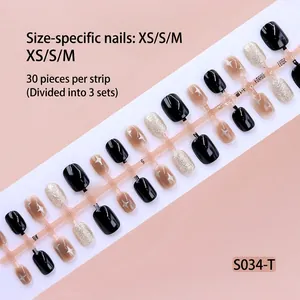 Mixed style black and nude star press-on nail tips set with glitter, 30pcs strip