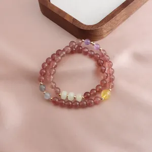 Natural 6mm strawberry quartz double-loop beaded bracelet with gemstone accents