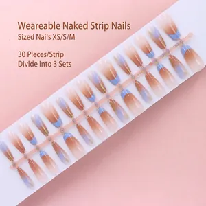 Macro view of 30pcs translucent French gradient press-on nails on a plastic strip