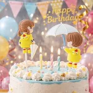 Statuine di Coppia per Torte Impermeabile Giallo Ombrello Ragazzo Ragazza Miniature per Compleanno San Valentino Festa Decorazioni