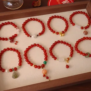 Neuer chinesischer Stil Naturstein Roter Achat Armband Mit Nephrit-Jade Buddha Kalebasse Pixiu Künstliche Perle Schmuck