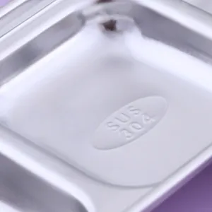 Close-up showing the SUS 304 food-grade stainless steel stamp on a condiment dish.