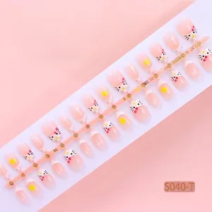 Macro view of cute cat themed press-on nails in translucent pink finish, 30pcs set
