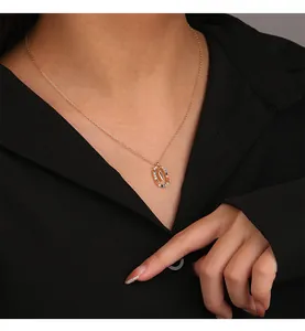 Detailansicht einer goldenen Halskette mit einem Anhänger mit Regenbogen-Zirkon 'V'.